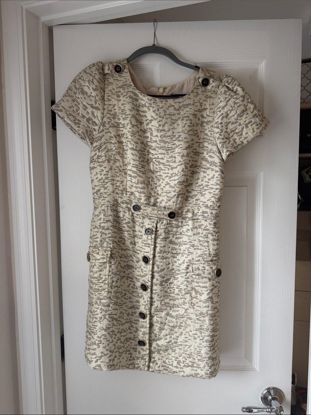 Anthropologie Cream Textured Button Mini Dress